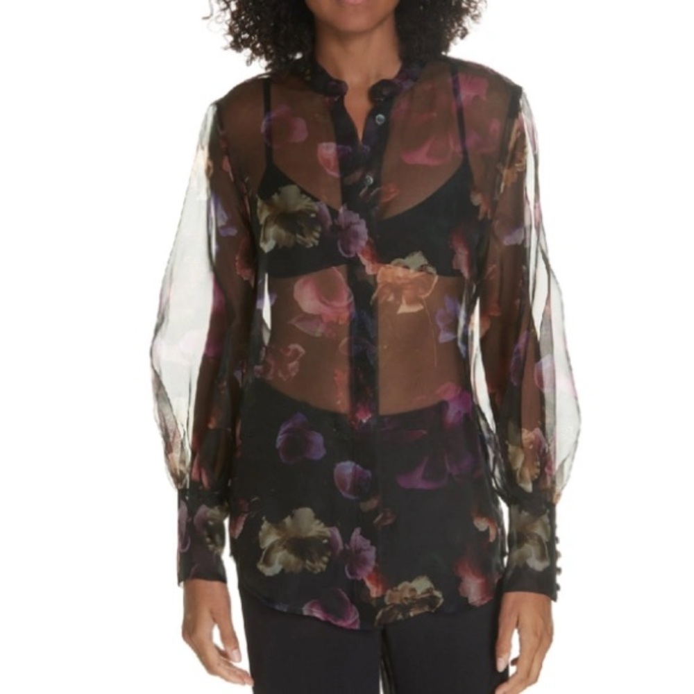 Equipment Sheer Black Floral Button-Up Blouse